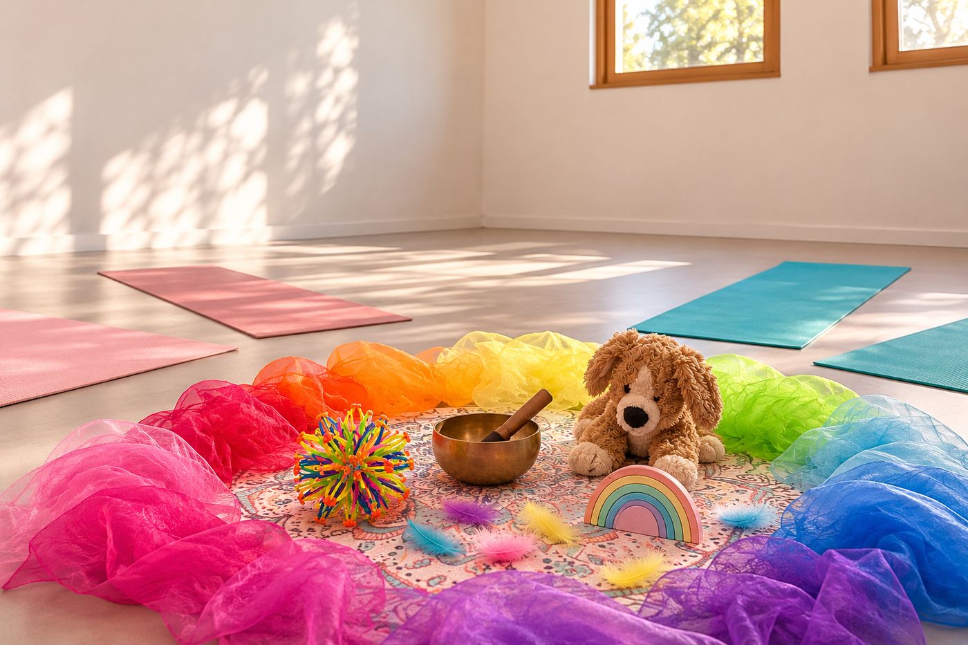 Ein Kreis aus regenbogenfarbenen Tüchern mit Plüschhund, Klangschale, Federn und einem Holz-Regenbogen in einem sonnigen Yogaraum